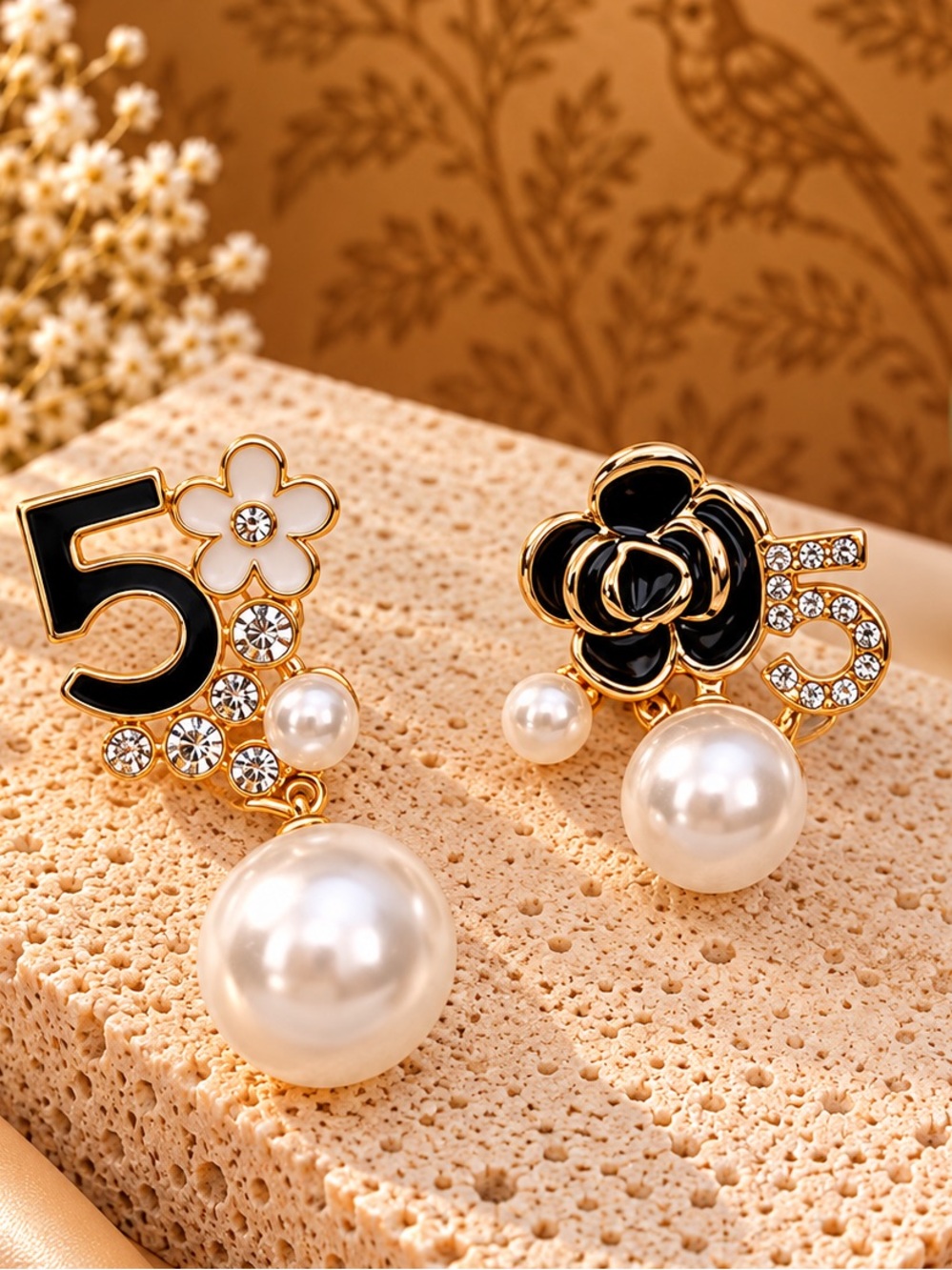 Asymmetrical Pearl Statement Earrings | Gold Crystal Flower Earrings